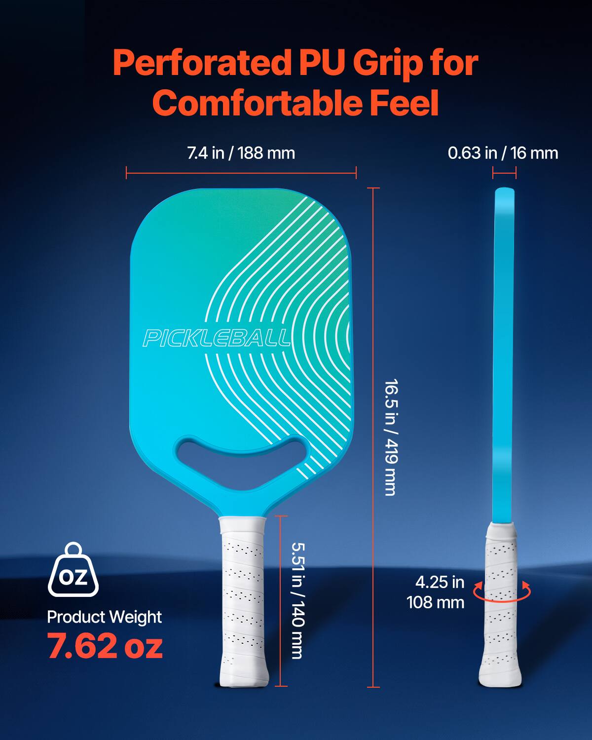 Perforated PU Grip for Comfortable Feel

- 7.4 in / 188 mm
- 0.63 in / 16 mm
- 16.5 in / 419 mm
- 5.51 in / 140 mm
- 4.25 in / 108 mm

Product Weight: 7.62 oz