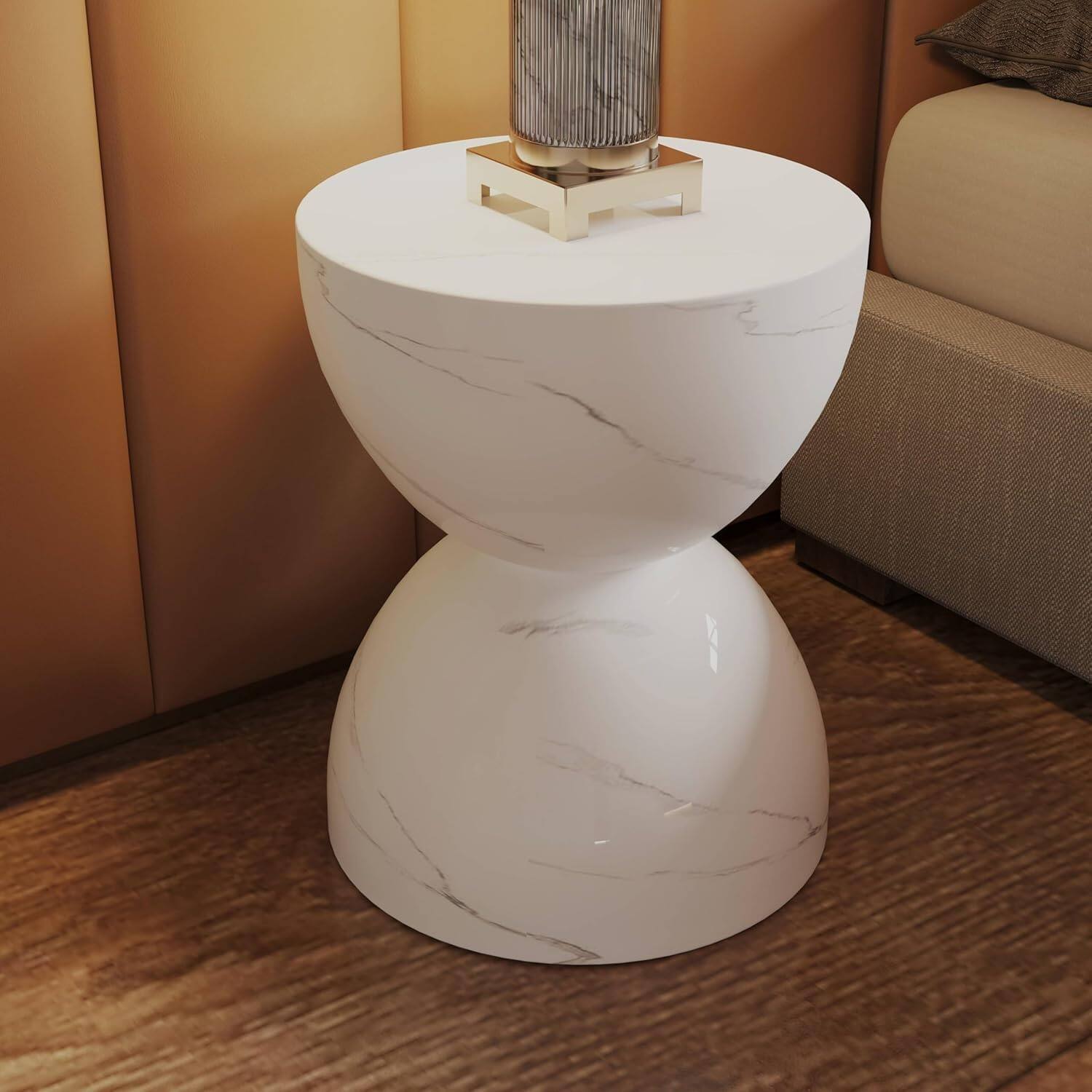 Back. LeisureMod - Sage Fiberstone Half Round Side Table, Weather Resistant Indoor/Outdoor Accent Table & Stool, Fully Assembled - Marbled White.