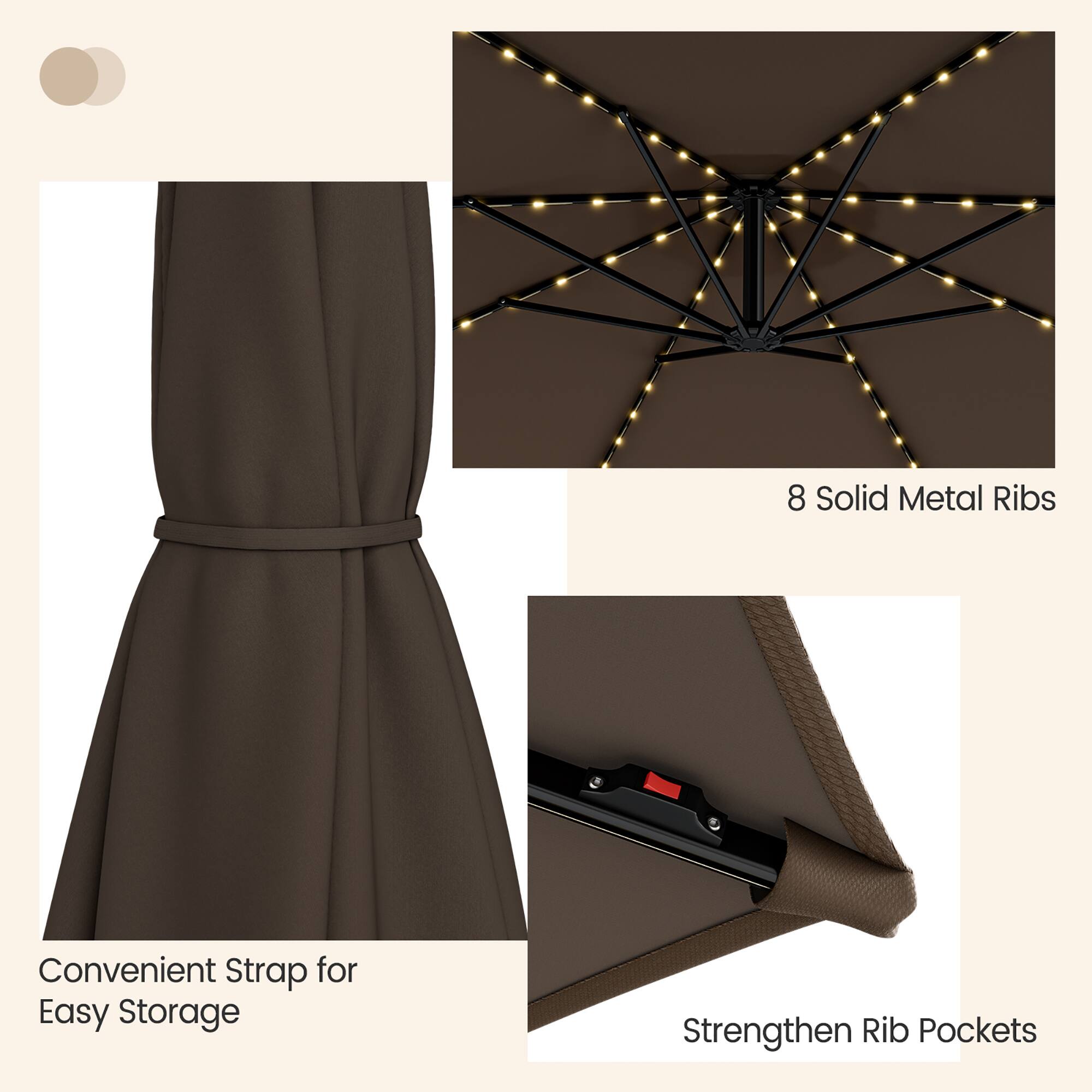 8 Solid Metal Ribs, Convenient Strap for Easy Storage, Strengthen Rib Pockets