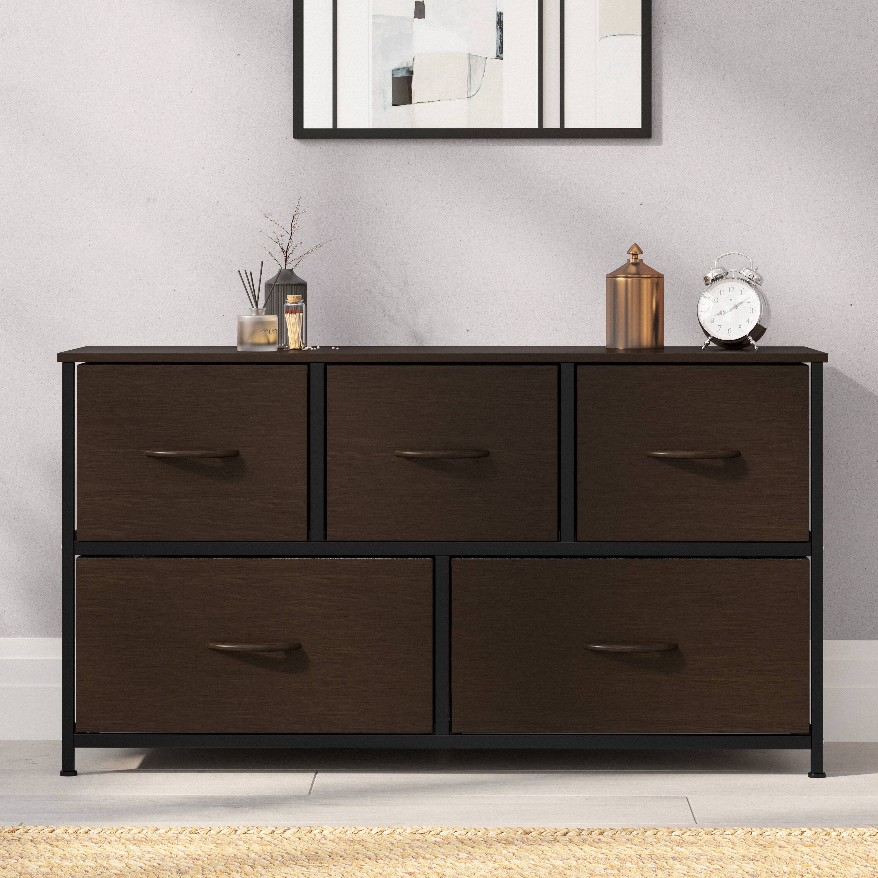 Alt View 3. Emma + Oliver - Marley 5 Drawer Storage Dresser with Cast Iron Frame, Wood Top, and Easy Pull Fabric Drawers with Wooden Handles - Brown Drawers/Black Frame.