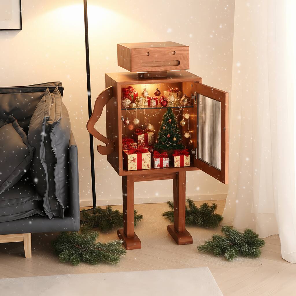 Left. VIVZONE - Wooden Robot Shape Storage Cabinet with Glass Door - Walnut.