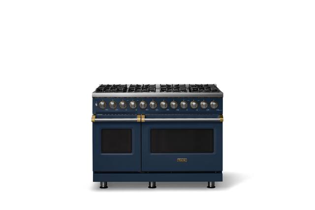 Front. Viking - 48 in. Wide 8 Burner Pro 5 Series 7.3Cu. Ft. Freestanding Sealed DF Convection Range/Griddle with Brushed Brass Trim - Slate Blue.