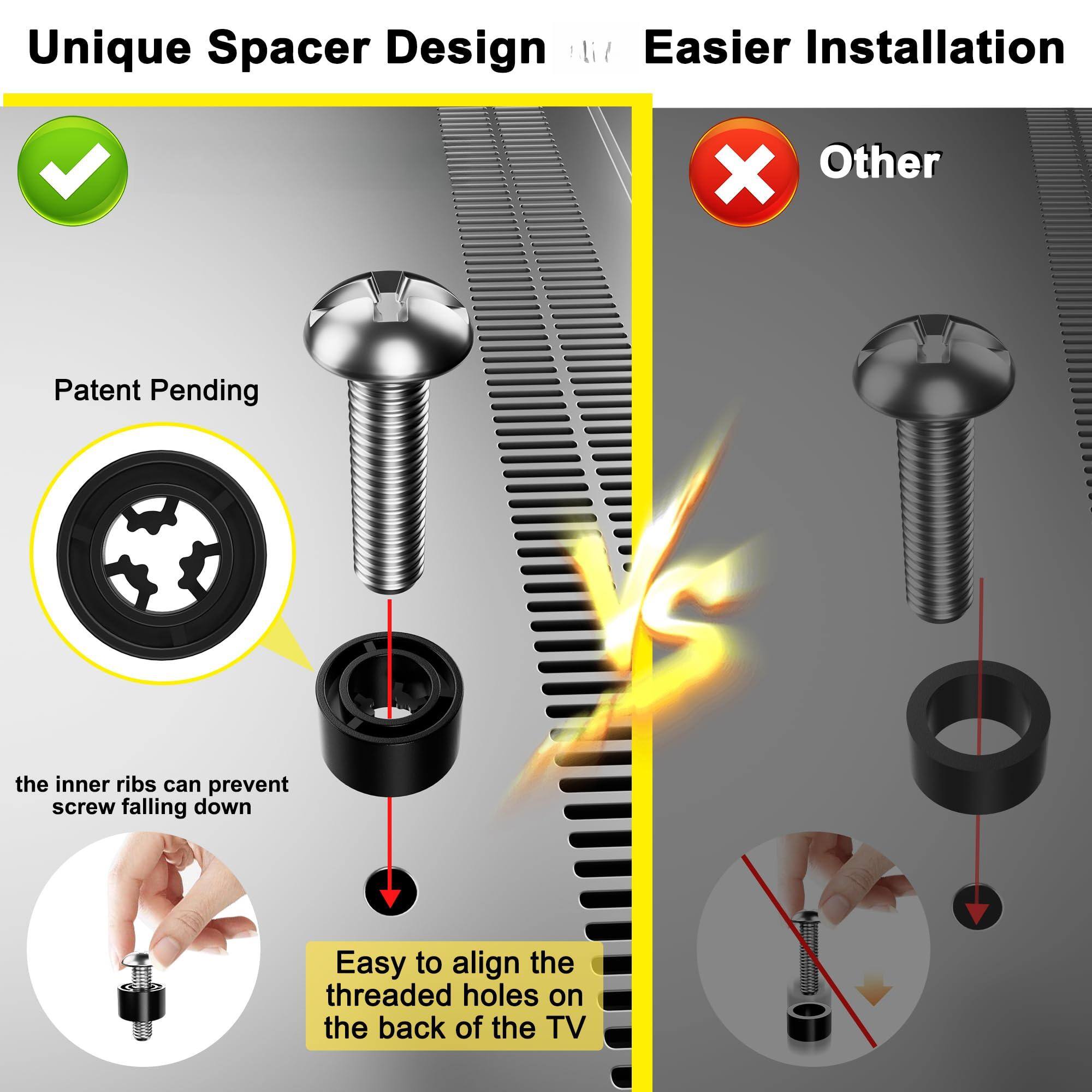 Unique Spacer Design  
Easier Installation

Patent Pending  
the inner ribs can prevent screw falling down  
Easy to align the threaded holes on the back of the TV

Other