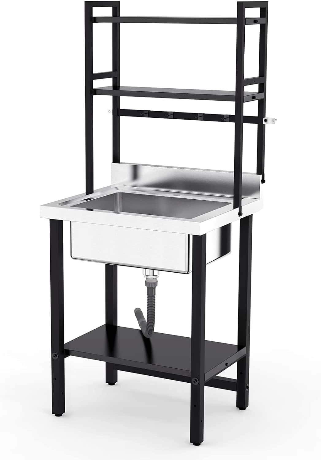 Winado - Commercial Freestanding Stainless Steel Sink with Adjustable Shelves & R10 Rounded Corners and Hooks for Restaurant Prep - Silver & Black