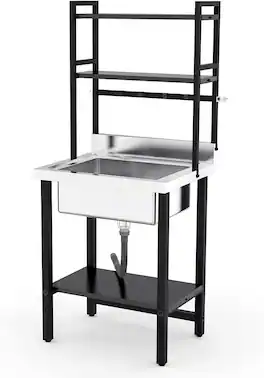 Winado - Commercial Freestanding Stainless Steel Sink with Adjustable Shelves & R10 Rounded Corners and Hooks for Restaurant Prep - Silver & Black