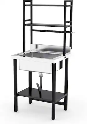 Front. Winado - Commercial Freestanding Stainless Steel Sink with Adjustable Shelves & R10 Rounded Corners and Hooks for Restaurant Prep - Silver & Black.
