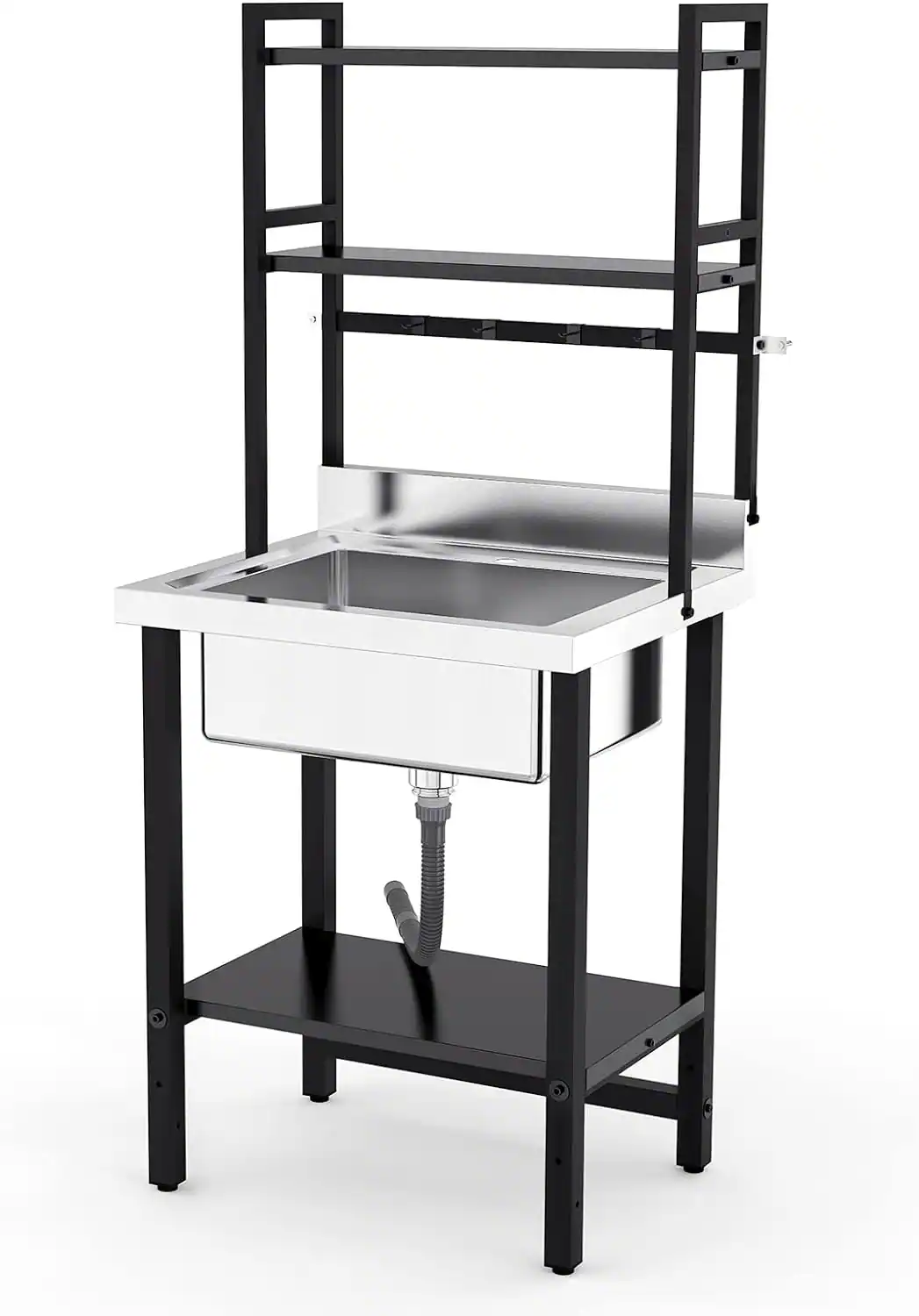 Front. Winado - Commercial Freestanding Stainless Steel Sink with Adjustable Shelves & R10 Rounded Corners and Hooks for Restaurant Prep - Silver & Black.