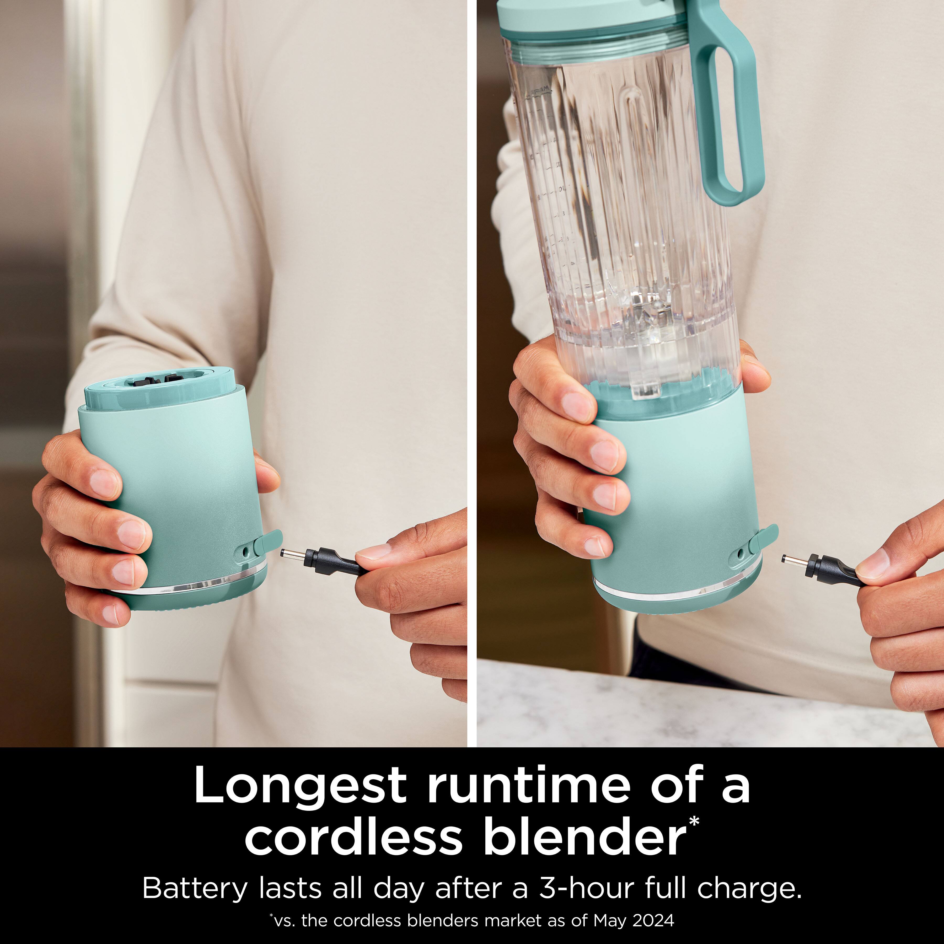 Longest runtime of a cordless blender* Battery lasts all day after a 3-hour full charge. vs. the cordless blenders market as of May 2024.