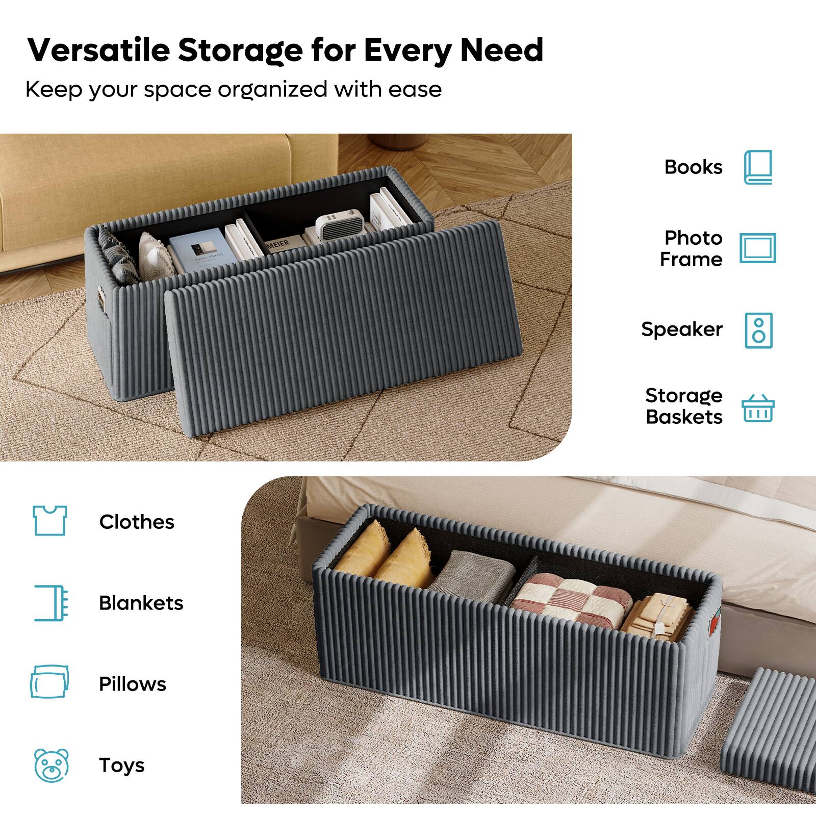 Books, Photo Frame, Speaker, Storage Baskets, Clothes, Blankets, Pillows, Toys