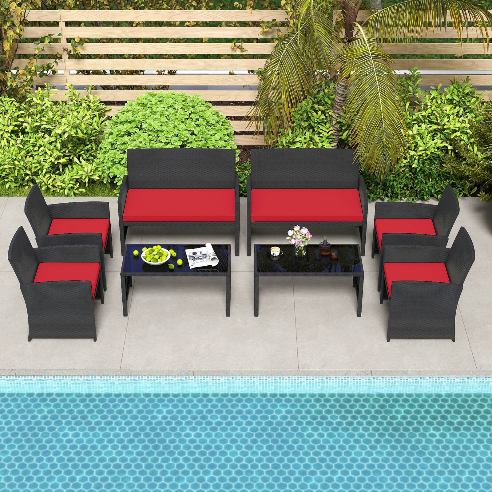 Alt View 4. Costway - Costway 4 PCS Patio Conversation Set with Seat Cushions & Tempered Glass Tabletop, Porch - Red+Black.