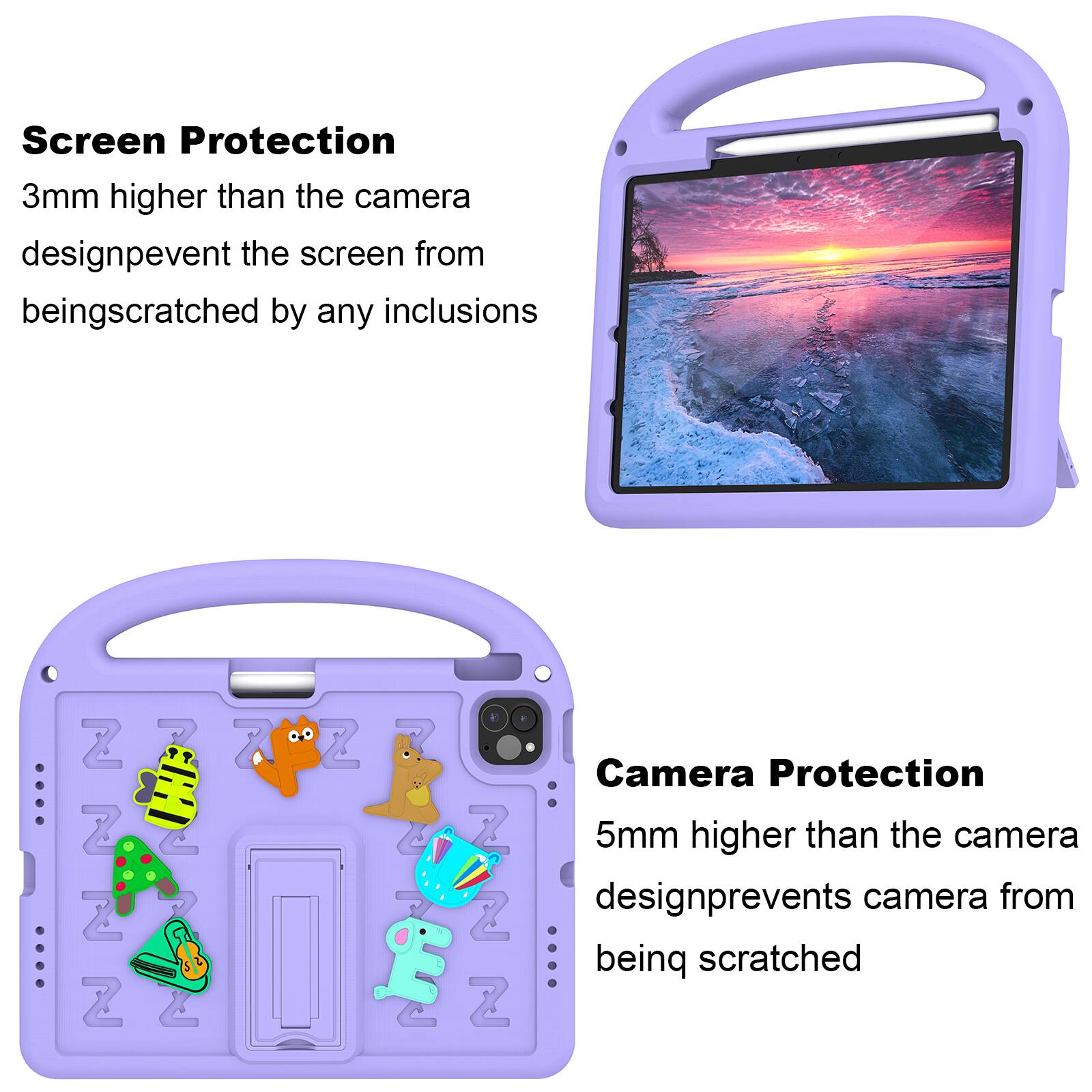 Screen Protection  
3mm higher than the camera design prevents the screen from being scratched by any inclusions

Camera Protection  
5mm higher than the camera design prevents the camera from being scratched