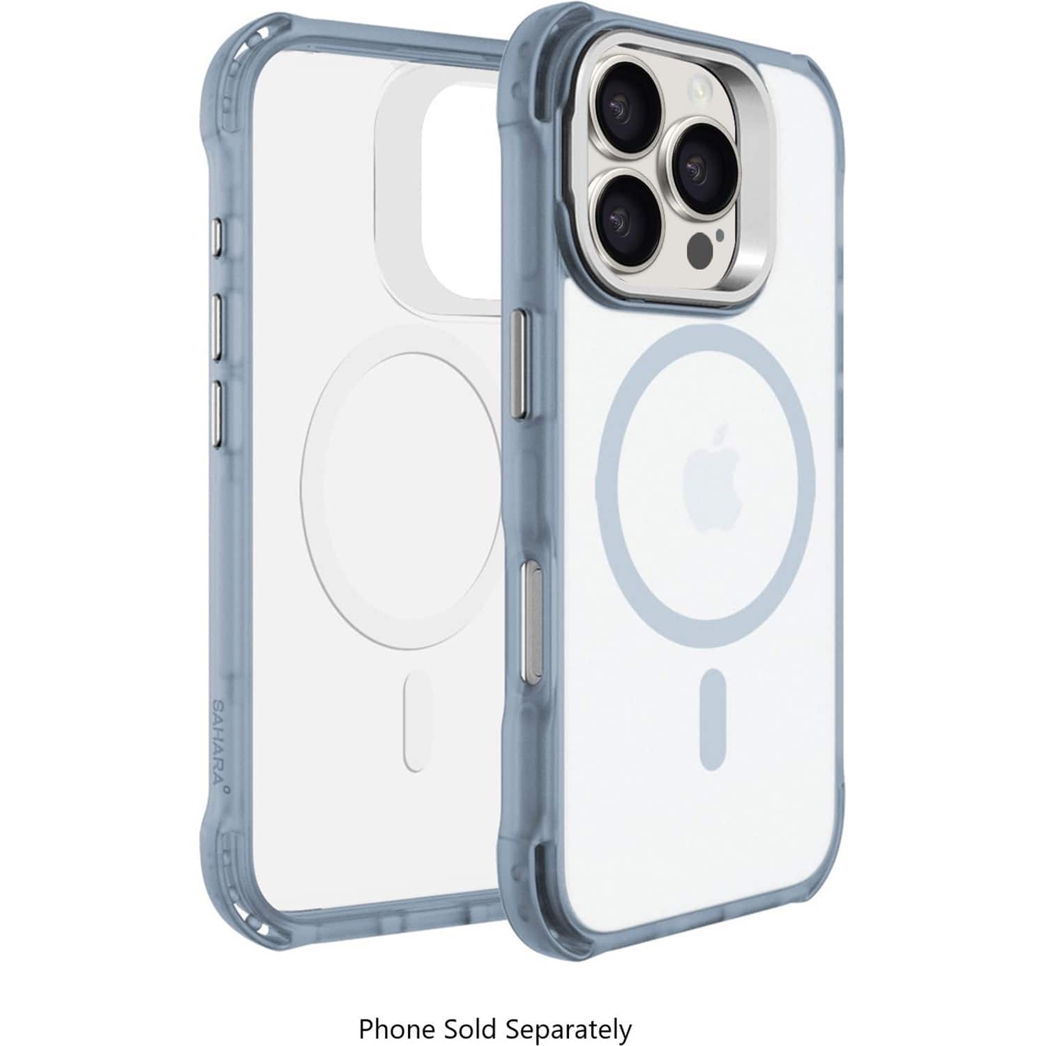 The image features a white iPhone case with a blue and clear design. The case is designed to protect the phone and is sold separately. The case is displayed in a close-up view, highlighting its features and design.