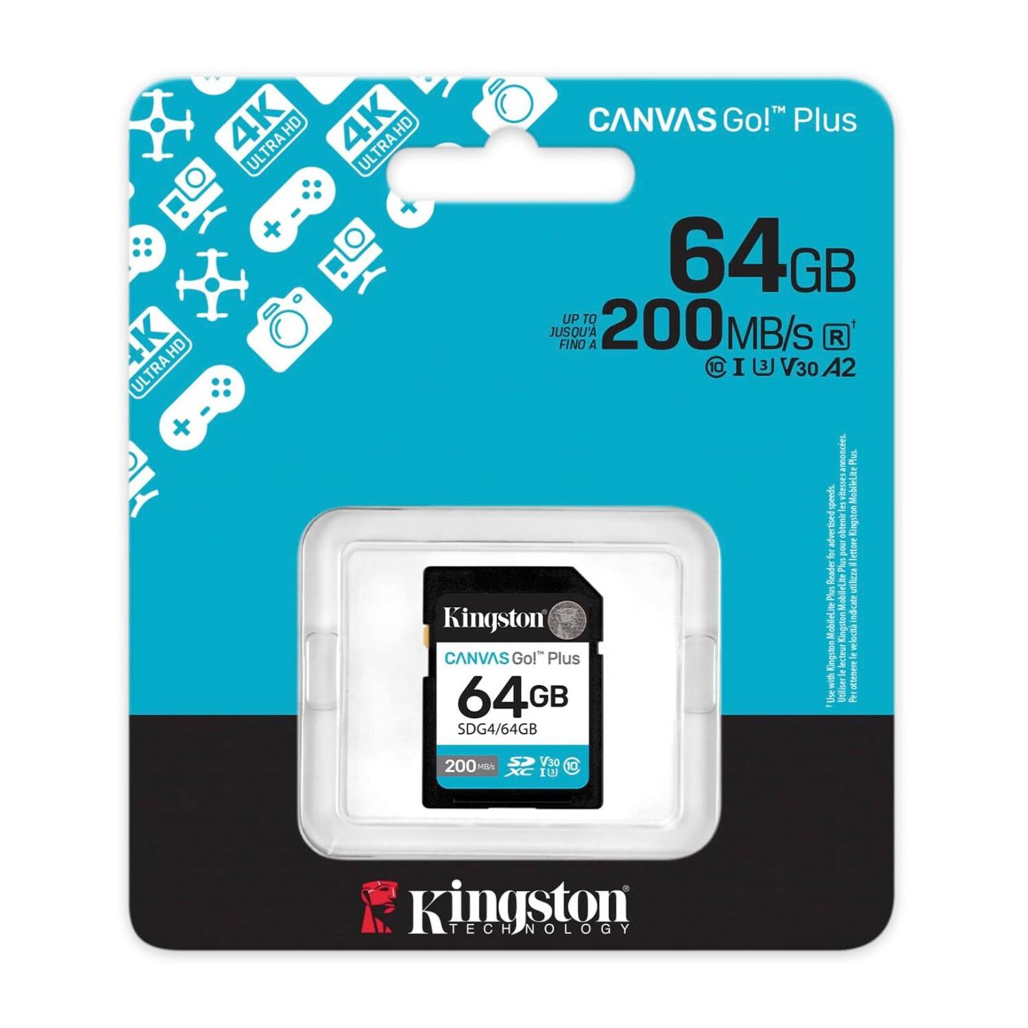 CANVAS Go! Plus  
64GB  
UP TO 200 MB/s  
UHS-I V30 A2  
Kingston  
SDG4/64GB
