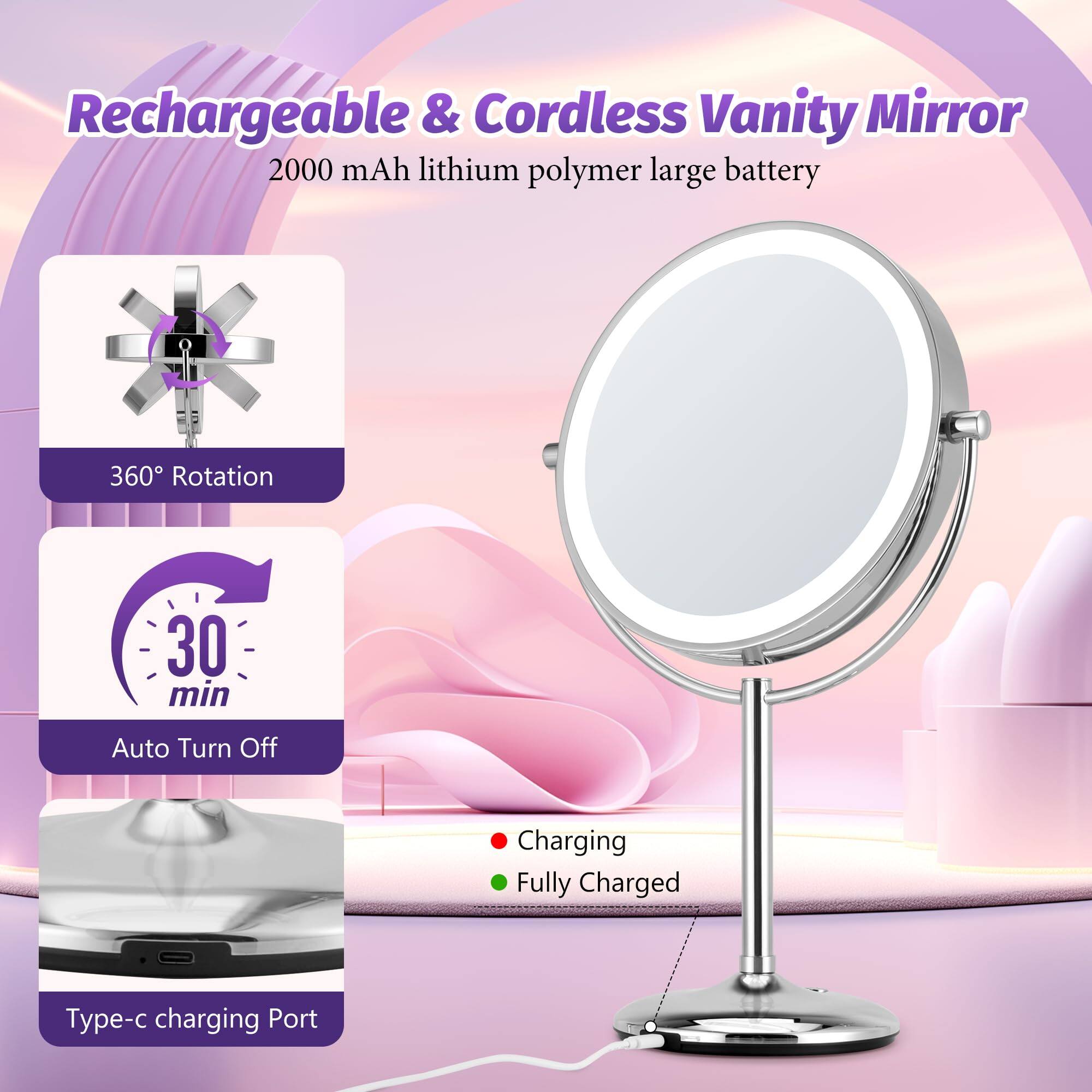 Rechargeable & Cordless Vanity Mirror  
2000 mAh lithium polymer large battery  

- 360° Rotation  
- 30 min Auto Turn Off  
- Type-c charging Port  

Charging  
Fully Charged
