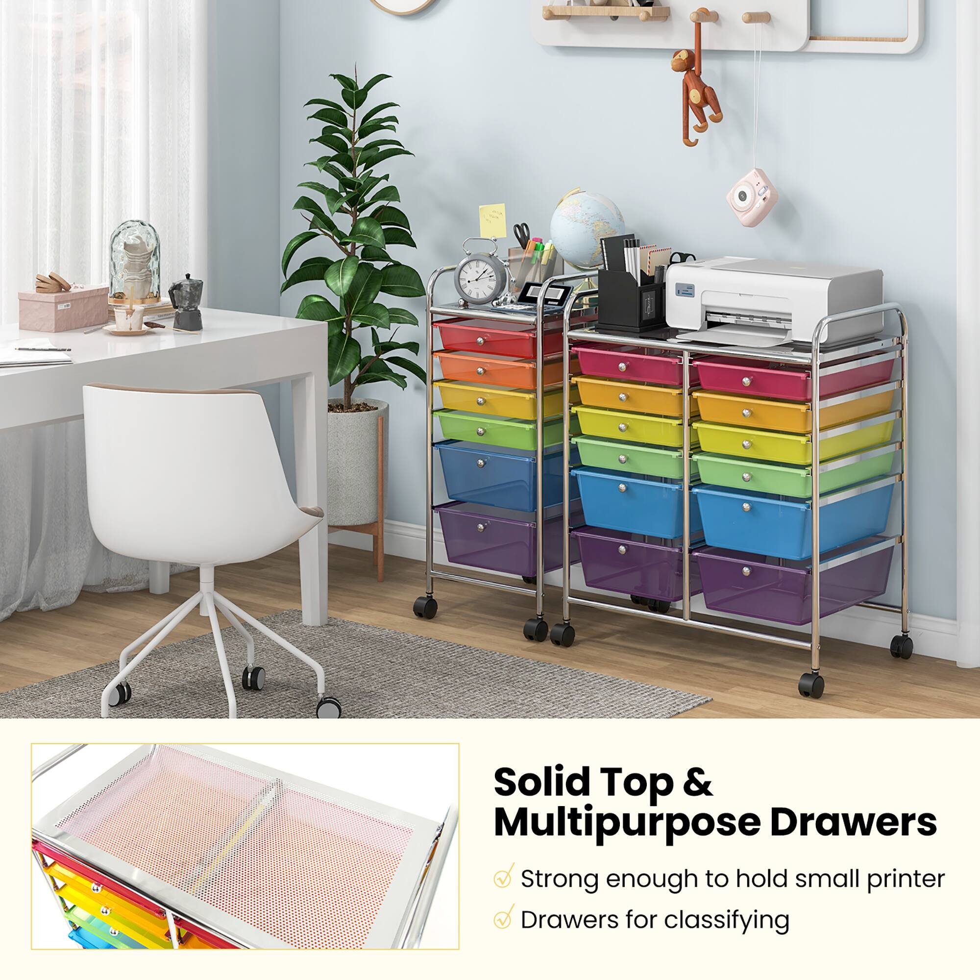 Solid Top & Multipurpose Drawers

- Strong enough to hold small printer
- Drawers for classifying