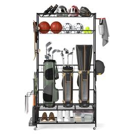 Costway - Golf Bags Storage Garage Organizer,Mobile Sports Equipment Organizer with Wheels - Black