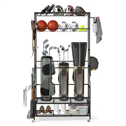 Front. Costway - Costway Golf Bags Storage Garage Organizer,Mobile Sports Equipment Organizer with Wheels - Black.