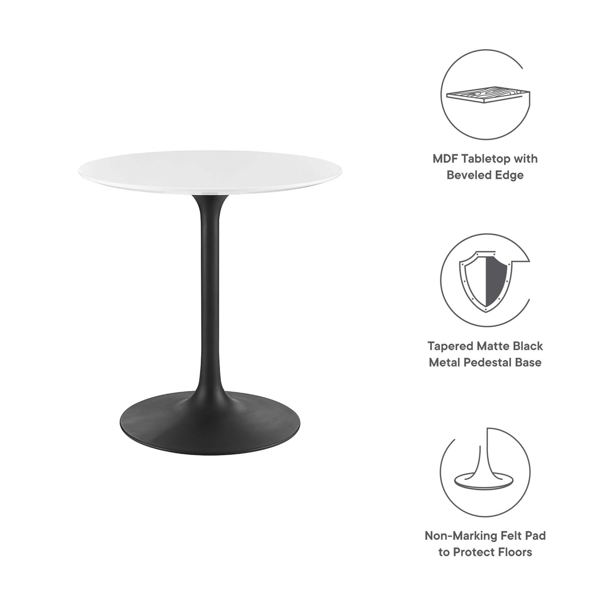 MDF Tabletop with Beveled Edge  
Tapered Matte Black Metal Pedestal Base  
Non-Marking Felt Pad to Protect Floors