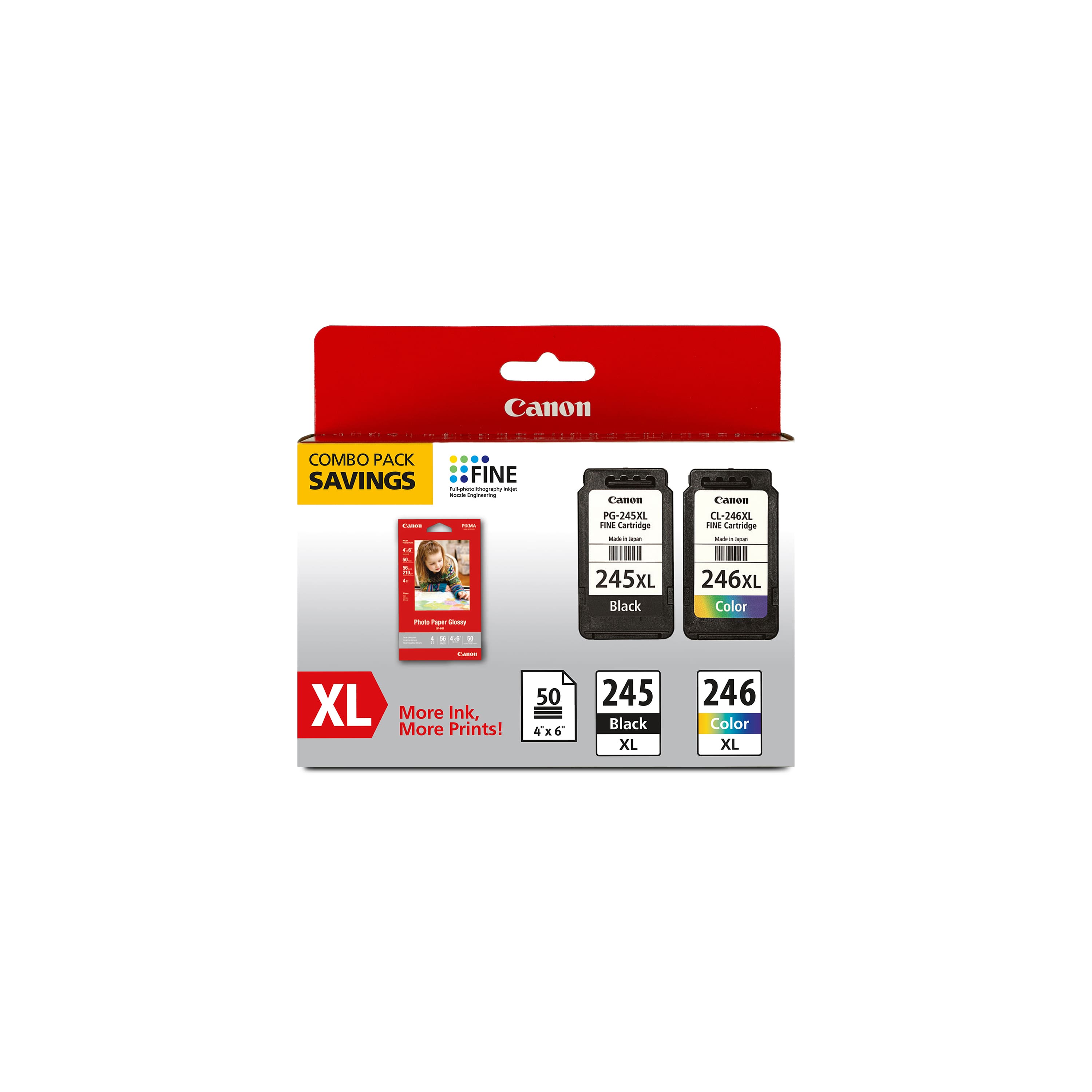 Canon COMBO PACK SAVINGS FINE - - : - | - Casoa PO-245XI Cartridge - - CEon CL-JO6EL TmE Cartridge - - - .. 245XL XL Black 246XL XL Color - - 14 - - XL More Ink, More Prints! 50 4"x6 245 Black XL 246 Color XL