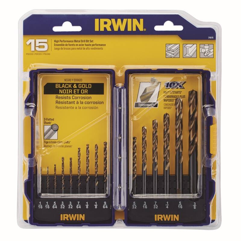 IRWIN  
High Performance Metal Drill Bit Set  
15 Ensemble de forets en acier haute performance  
Juego de brocas para metal de alto rendimiento  

PIECES | PIECES | PIEZAS  

NEGRO Y DORADO  
BLACK & GOLD  
NOIR ET OR  

Resists Corrosion  
Resistant à la corrosion  
Resistente a la corrosión  

10X FAST* STARTS*  
MARRAGES PLUS RAPIDES  
COMIENZOS RÁPIDOS  
RAPIDOS*  

TURBOMAX  
3-Flatted Shank  
Tige à trois échelons  
Vestage de trois planas  

1/16  
1/16  
5/32  
3/32  
1/8  
3/16  
1/4  
5/32  
3/8  
1/4  
5/16  
3/8  
1/2  
5/16  
3/8  
1/2  

IRWIN