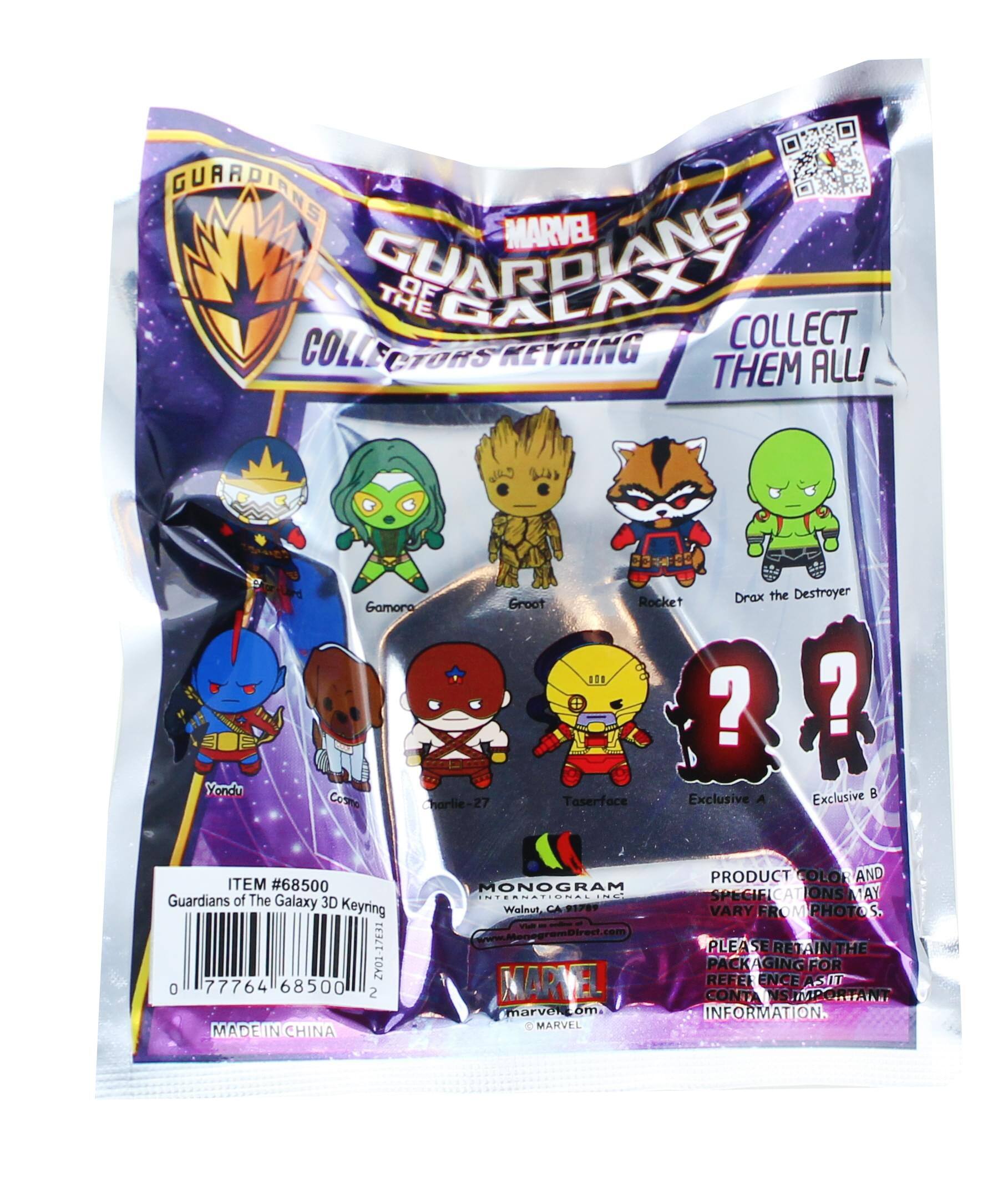 Sure, here is the corrected and grouped text from the image:

---

**MARVEL GUARDIANS OF THE GALAXY**

**COLLECT THEM ALL!**

**COLLECTORS KEYRING**

- Yondu
- Groot
- Rocket
- Drax the Destroyer
- Gamora
- Taserface
- Charlie-27

**Exclusive A**
**Exclusive B**

**ITEM #68500**
Guardians of The Galaxy 3D Keyring

**MADE IN CHINA**

**PRODUCT COLOR AND SPECIFICATIONS MAY VARY FROM PHOTOS.**

**PLEASE RETAIN THE PACKAGING FOR MARVEL REFERENCE.**

**CONTAINS IMPORTANT INFORMATION.**

**www.MenegramDirect.com**

**MONOGRAM**
Walnut, CA 9189

**MARVEL**

---

This text is grouped and corrected to reflect the information on the packaging accurately.