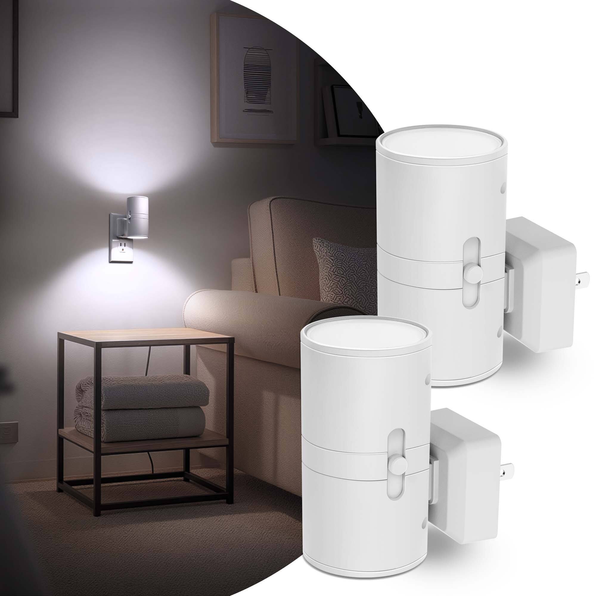 Angle. Jandcase - JANDCASE 2-Pack 1W  Plug-in Night Light, 5000K Daylight White, Round Cylinder Design,  0-100%, Dusk-to-Dawn Sensor - White.