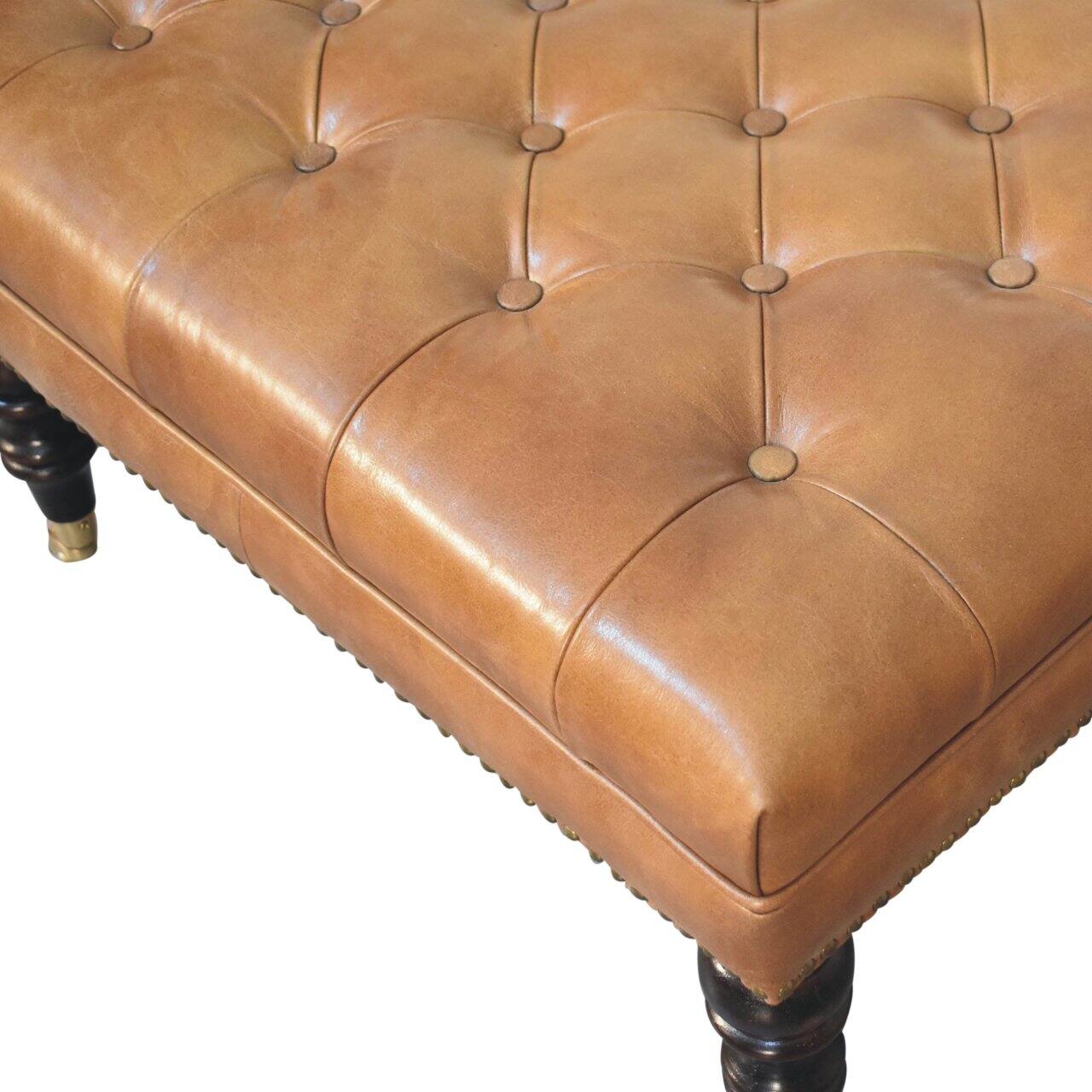 Alt View 4. Artisan Furniture - Artisan Furniture Solid Wood Studded Buffalo Tan Leather Ottoman with Castor Legs, Upholstered, Brown - Brown.