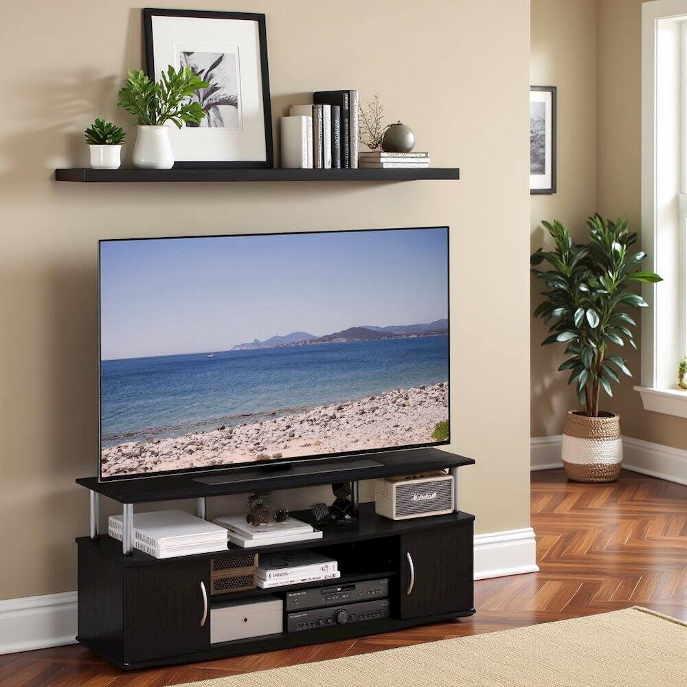 Left. FurniFact - Modern Black 55 Inch TV Console with Shelves and Cabinets for Storage - Americano/Stainless Steel.