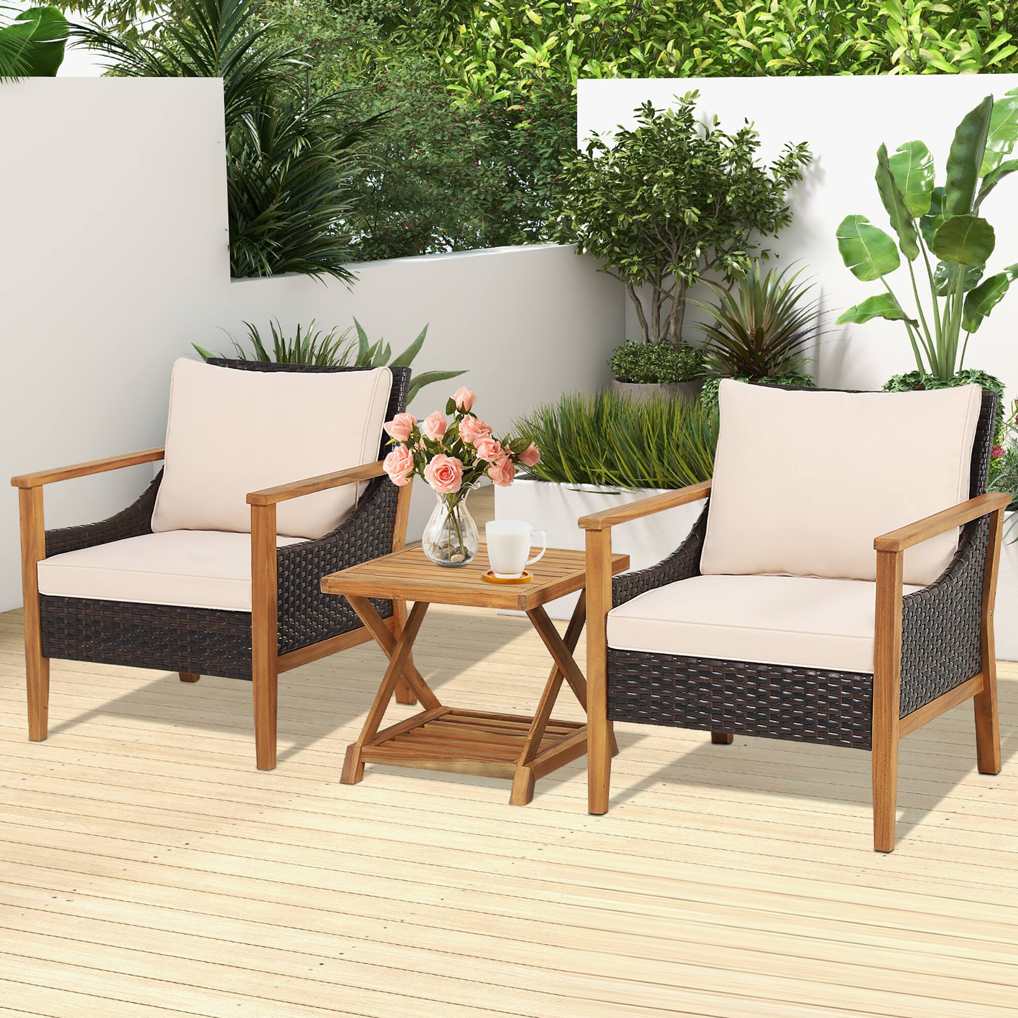 Alt View 1. Costway - Costway 3PCS Patio Wicker Furniture Set Cushioned Armchairs with 2-Tier Side Table Balcony - Natural.