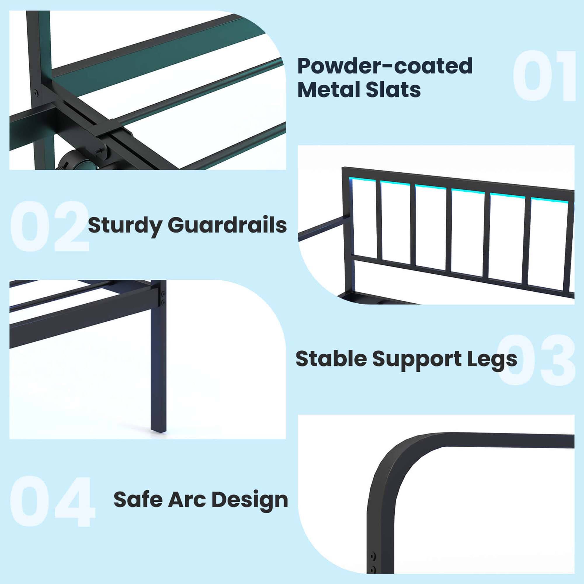 Powder-coated Metal Slats 01, Sturdy Guardrails 02, Stable Support Legs 03, Safe Arc Design 04