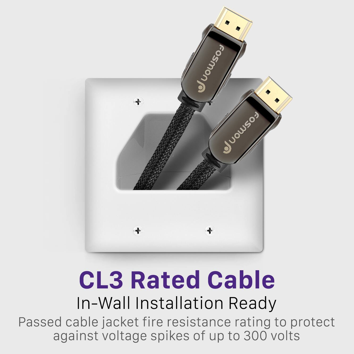 Fosmon CL3 Rated Cable  
In-Wall Installation Ready  
Passed cable jacket fire resistance rating to protect against voltage spikes of up to 300 volts