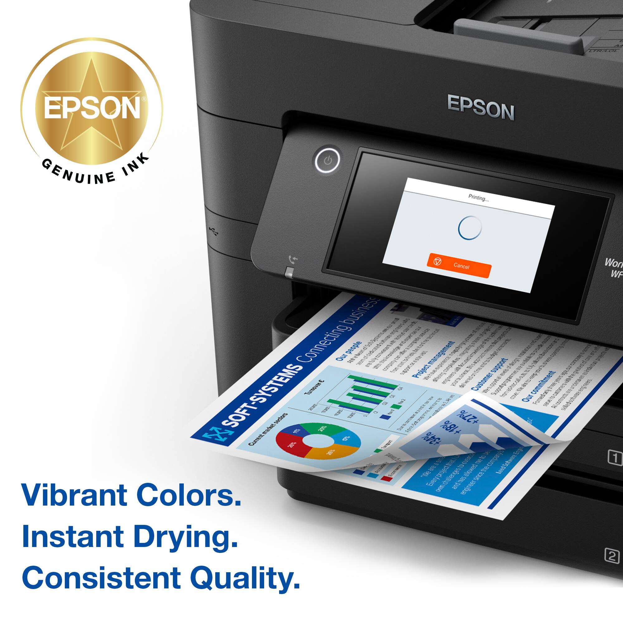 Epson Genuine Ink. Epson Printing. Connecting people. Business inkjet printer. Vibrant Colors. Instant Drying. Consistent Quality.