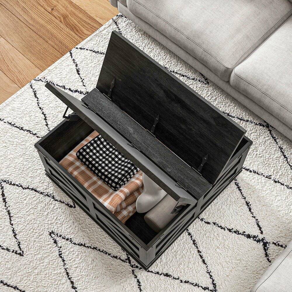 Angle. Kadyn - Farmhouse Coffee Table,Square Center Table with Flip-top Lids, Hidden Storage Compartment,Solid Particleboard - Black.