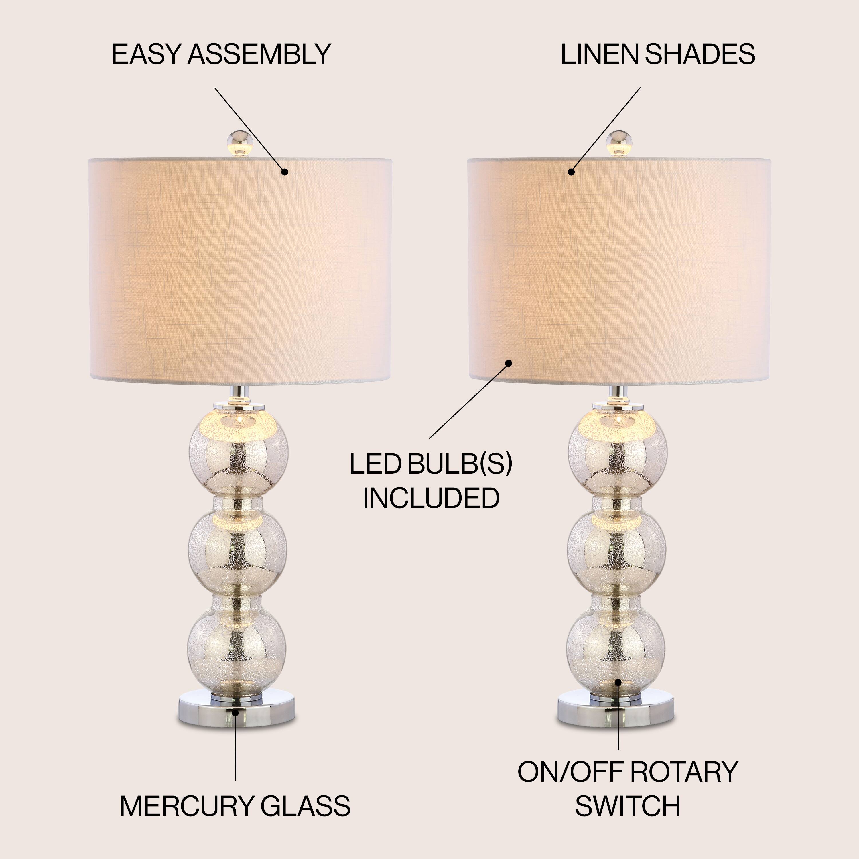 EASY ASSEMBLY  
LINEN SHADES  
LED BULB(S) INCLUDED  
MERCURY GLASS  
ON/OFF ROTARY SWITCH