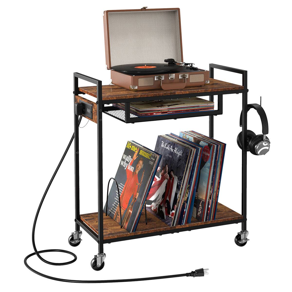 Oumilen - Mobile Turntable Stand with Charging Station & Vinyl Storage - Brown