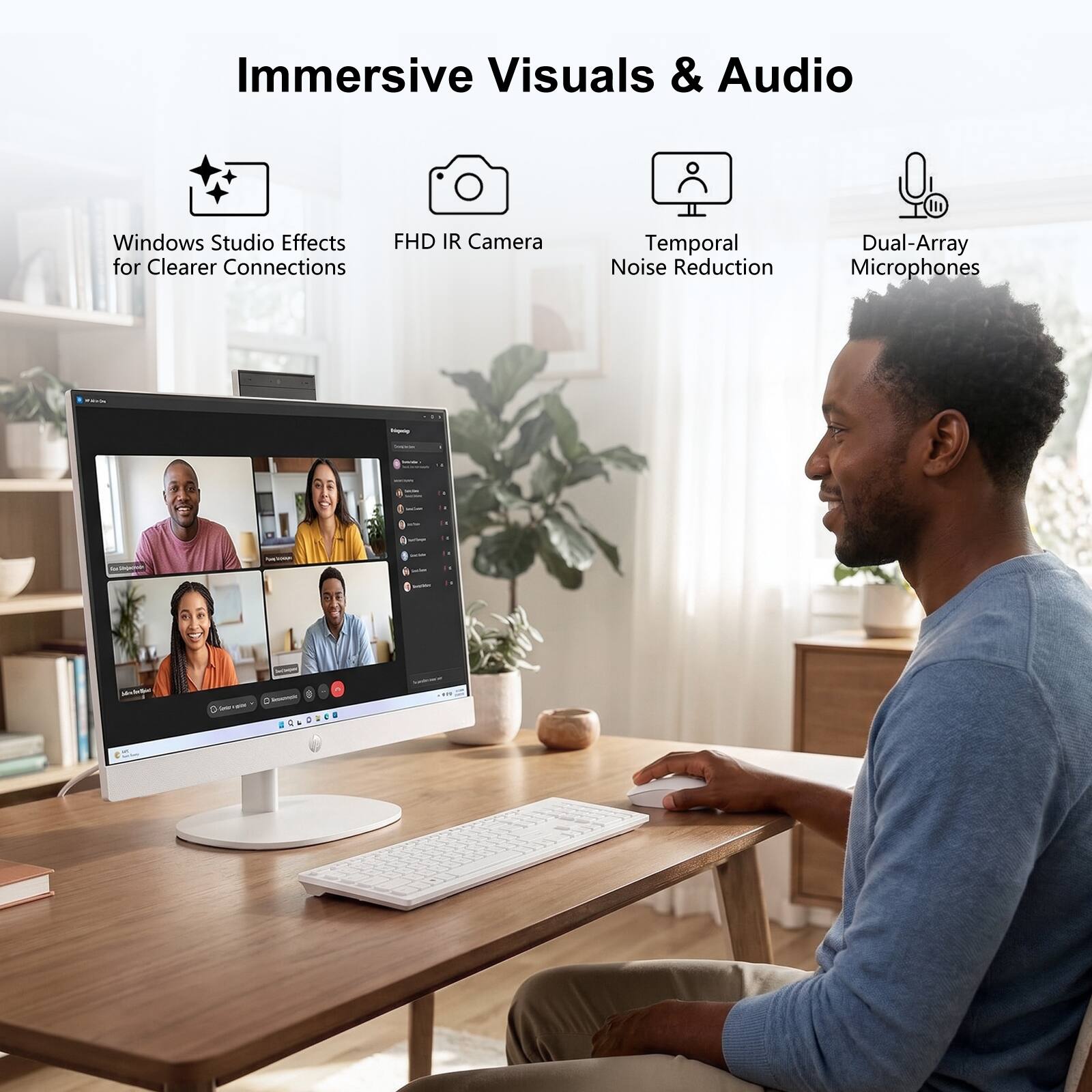 Immersive Visuals & Audio

- Windows Studio Effects for Clearer Connections
- FHD IR Camera
- Temporal Noise Reduction
- Dual-Array Microphones