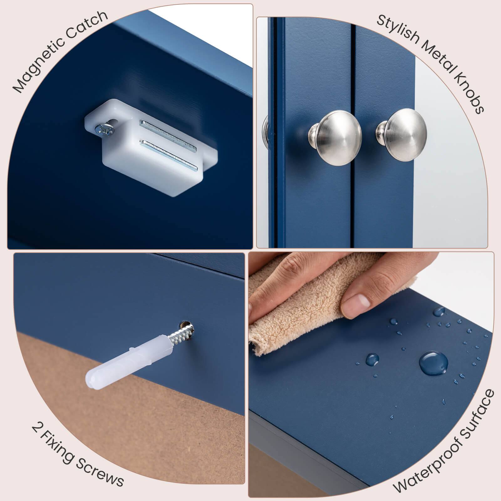 - Magnetic Catch
- Stylish Metal Knobs
- 2 Fixing Screws
- Waterproof Surface