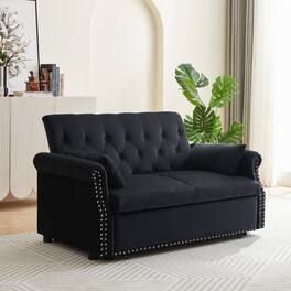 Tiramisubest - Modern Velvet Convertible Loveseat Sleeper Sofa with 2 Lumbar Pillows,Adjustable Pull-Out Bed,Removable Armrest - Black