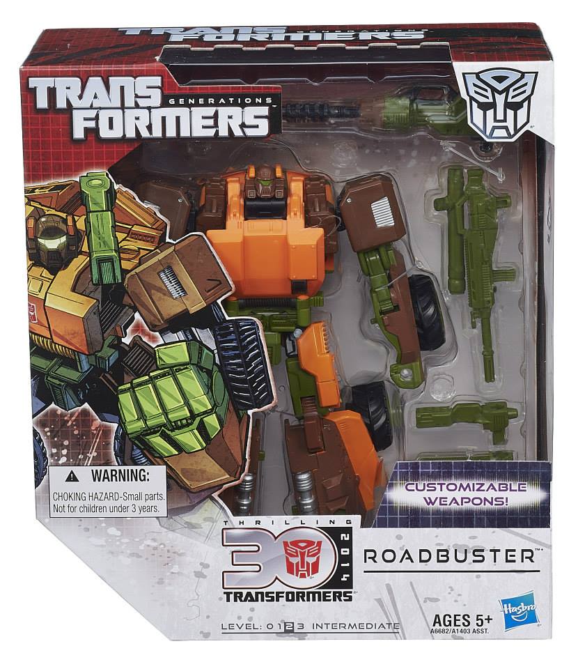 TRANSFORMERS GENERATIONS  
ROADBUSTER  
WARNING: CHOKING HAZARD - Small parts. Not for children under 3 years.  
CUSTOMIZABLE WEAPONS!  
THRILLING  
LEVEL: 01 INTERMEDIATE  
AGES 5+  
0123 2 A6682/A1 403 ASST.