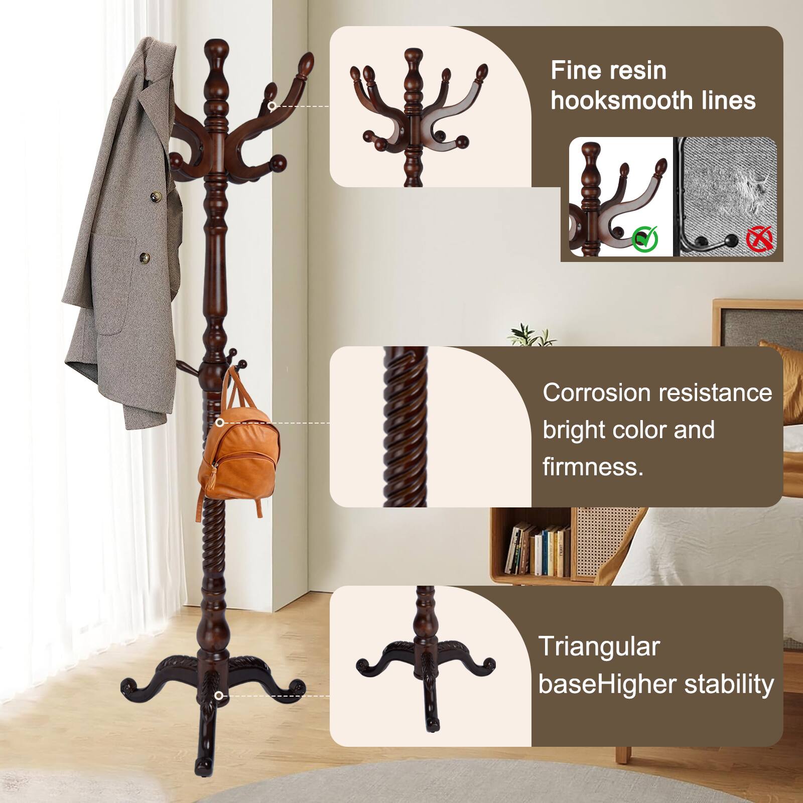 Alt View 3. Chateau Abodes - Solid Wood Coat Rack, Free Standing Hall Coat Tree with 11Hooks, 2 Height Options, 270lbs Load, Stury Base - Dark Brown - Tri-legged.