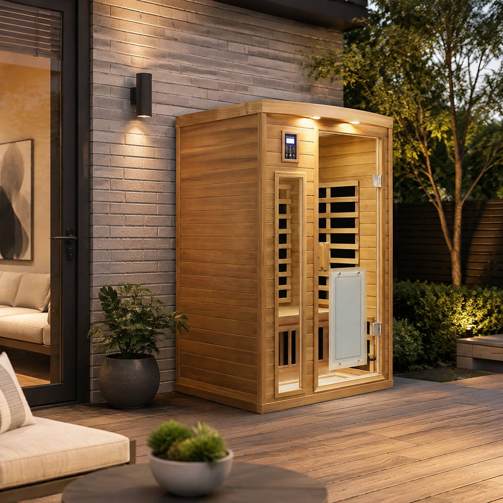 Left. RYHNUYNE - 2 Person Far Infrared Sauna, Low EMF, Red Cedar, Indoor, 47.2 in, 8 Heating Panels, Bluetooth, LED Lights - Natural Wood.