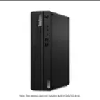 The image features a black Lenovo ThinkCentre desktop computer. The computer is a tower-style design and does not include a built-in DVD/CD drive.