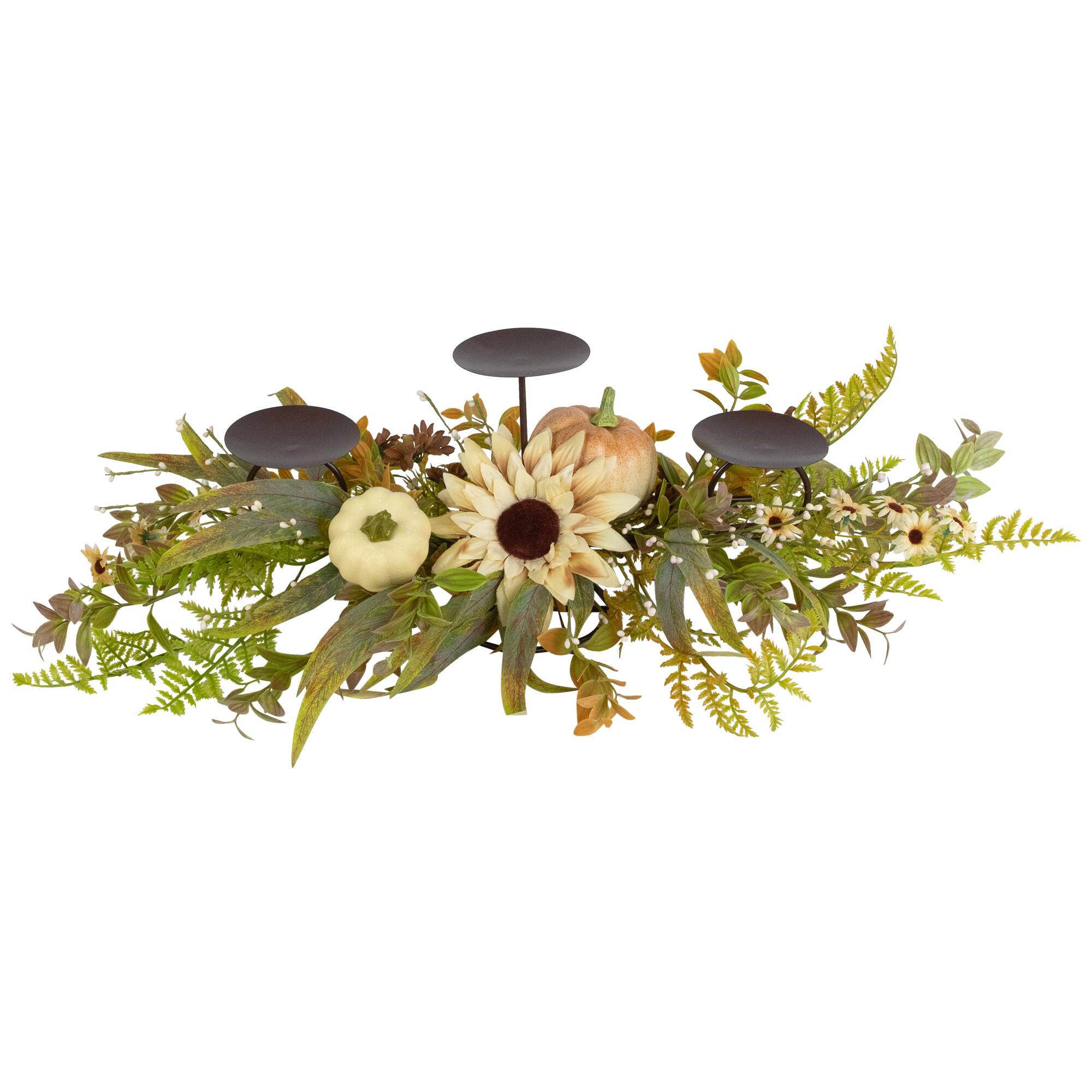 Alt View 1. Northlight - Sunflowers and Pumpkins Fall Harvest Triple Pillar Candleholder - 28" - Green.