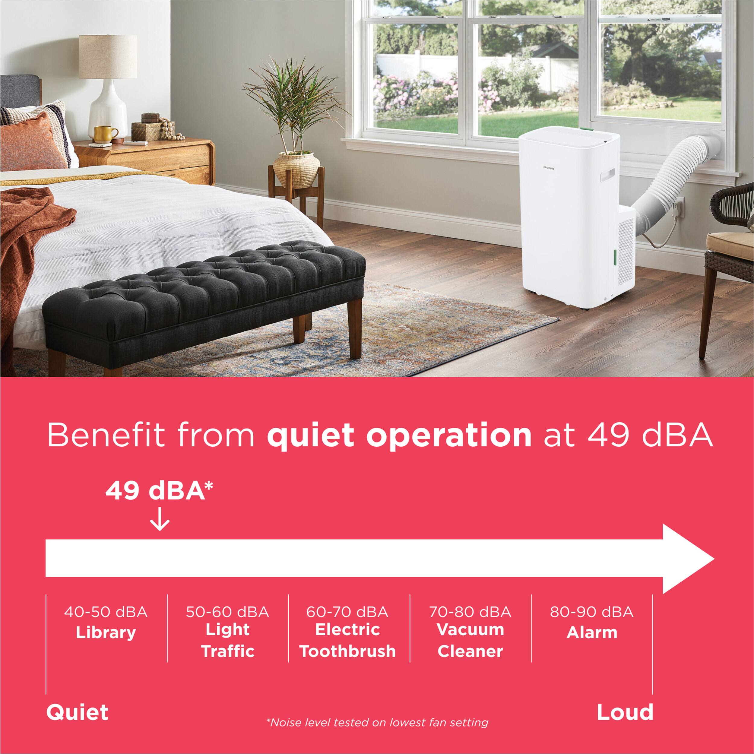 Benefit from quiet operation at 49 dBA

49 dBA*

40-50 dBA Library
50-60 dBA Light Traffic
60-70 dBA Electric Toothbrush
70-80 dBA Vacuum Cleaner
80-90 dBA Alarm

Quiet
*Loud
*Noise level tested on lowest fan setting