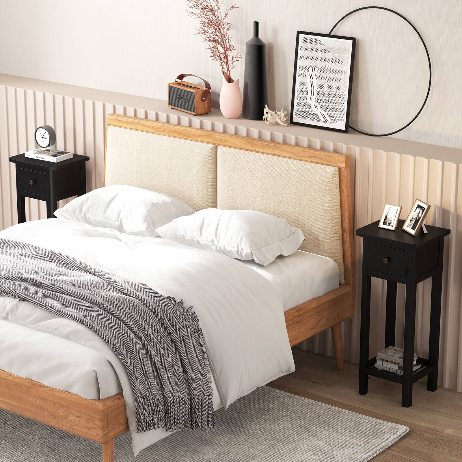 Alt View 1. Costway - Costway 2PCS Solid Wood Side Table Telephone Table with Drawer & Open Shelf for Living Room - Black.