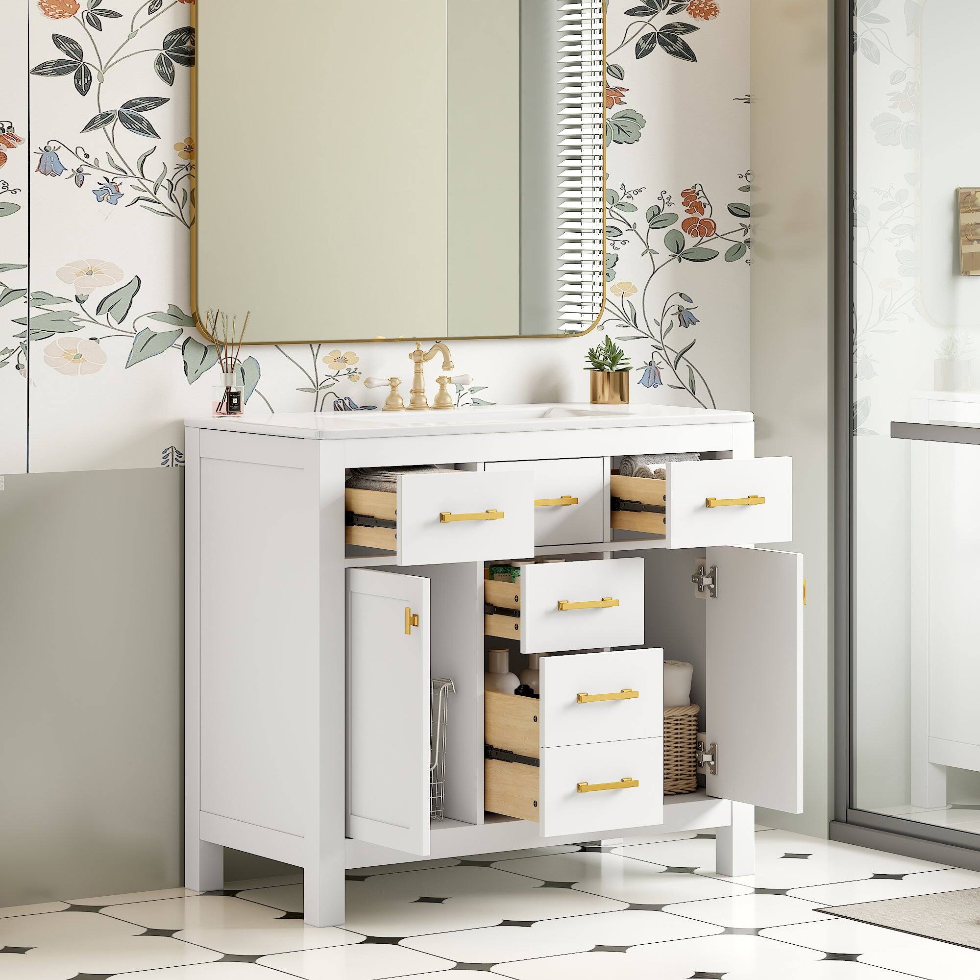 Alt View 5. Boyel Living - 36 Inch Modern Bathroom Vanity with Ceramic Sink Four Drawers Two Cabinets White - White.