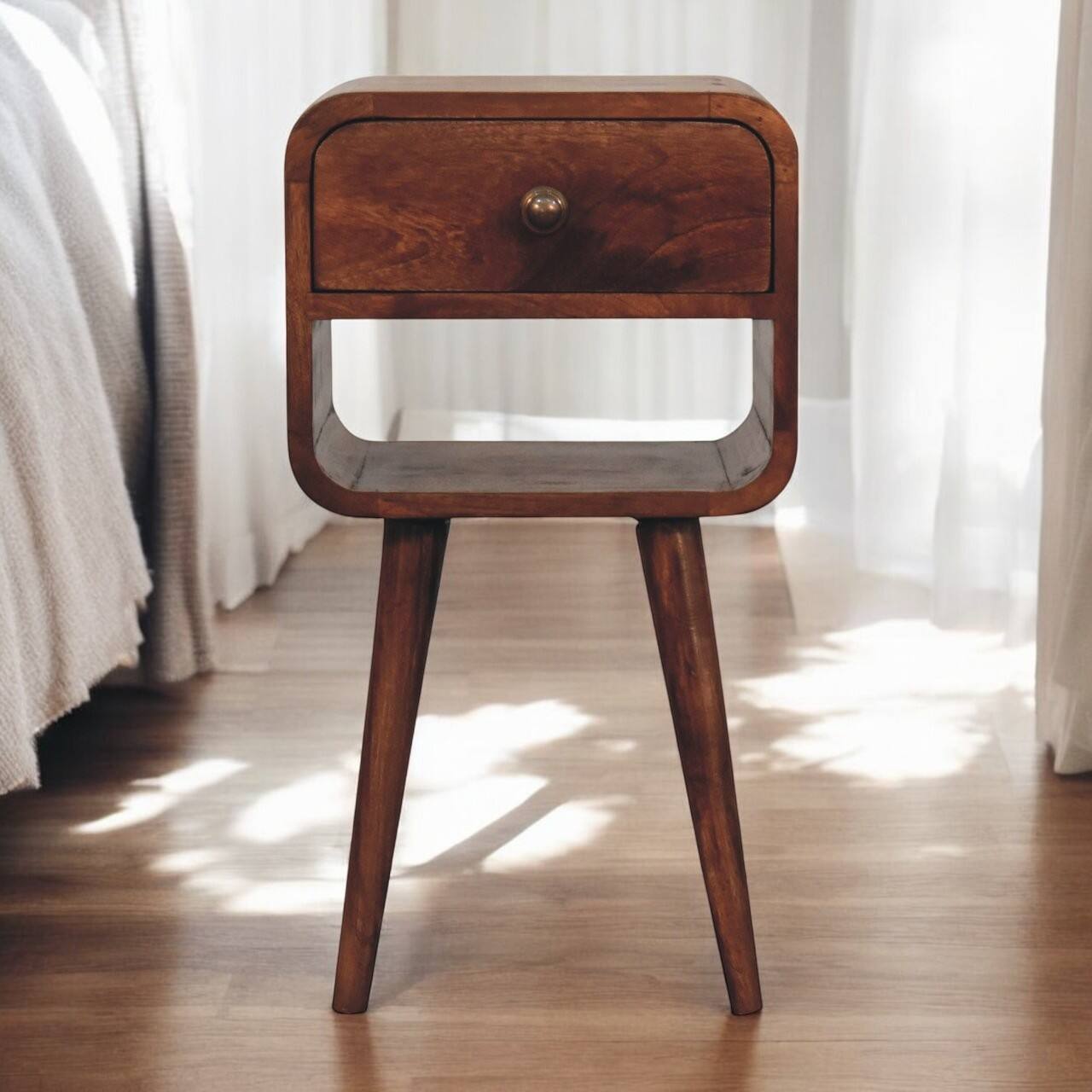 Angle. Artisan Furniture - Artisan Furniture Solid Wood Mini Honey Caramel Curved Bedside, 1 Drawer, 1 Open Slot, Nordic Legs, Dark Brown - Caramel.