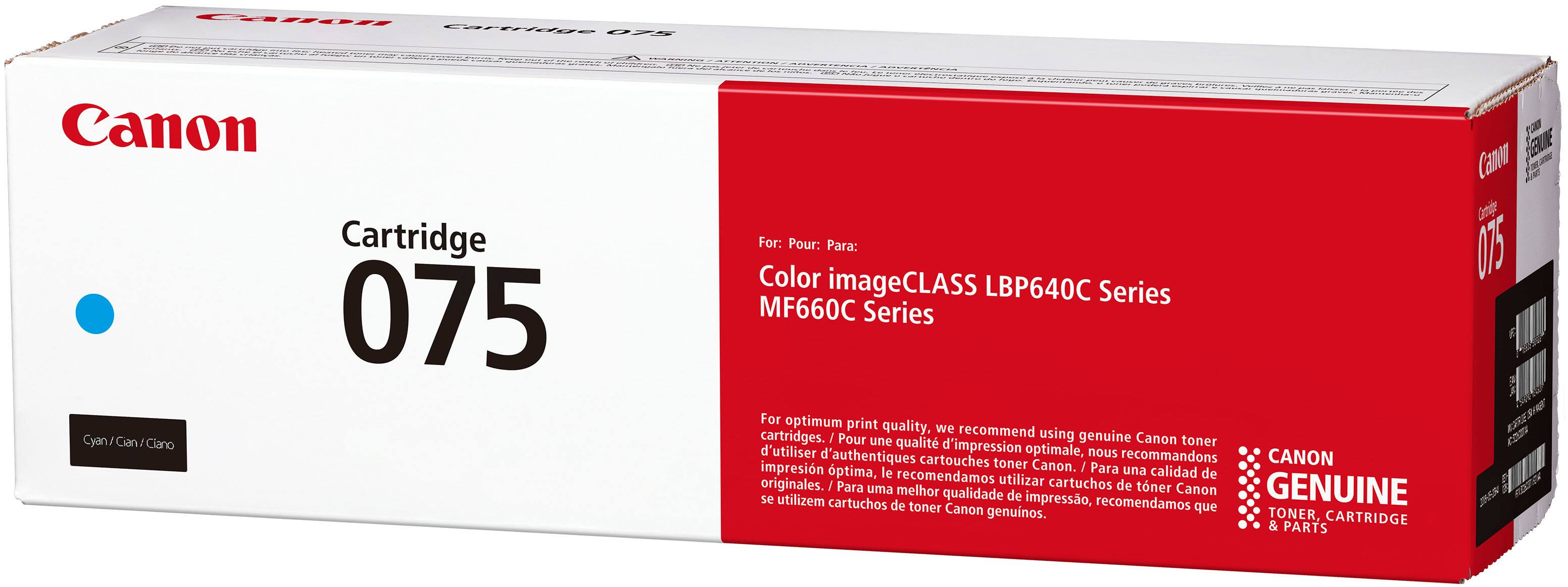 Canon  
Cartridge 075  
Cyan / Cian / Ciano  

For: Pour: Para:  
Color imageCLASS LBP640C Series  
MF660C Series  

For optimum print quality, we recommend using genuine Canon toner cartridges.  
Pour une qualité d'impression optimale, nous recommandons d'utiliser des cartouches toner Canon originales.  
Para una calidad de impresión óptima, recomendamos utilizar cartuchos de toner Canon genuinos.  

CANON GENUINE TONER, CARTRIDGE & PARTS