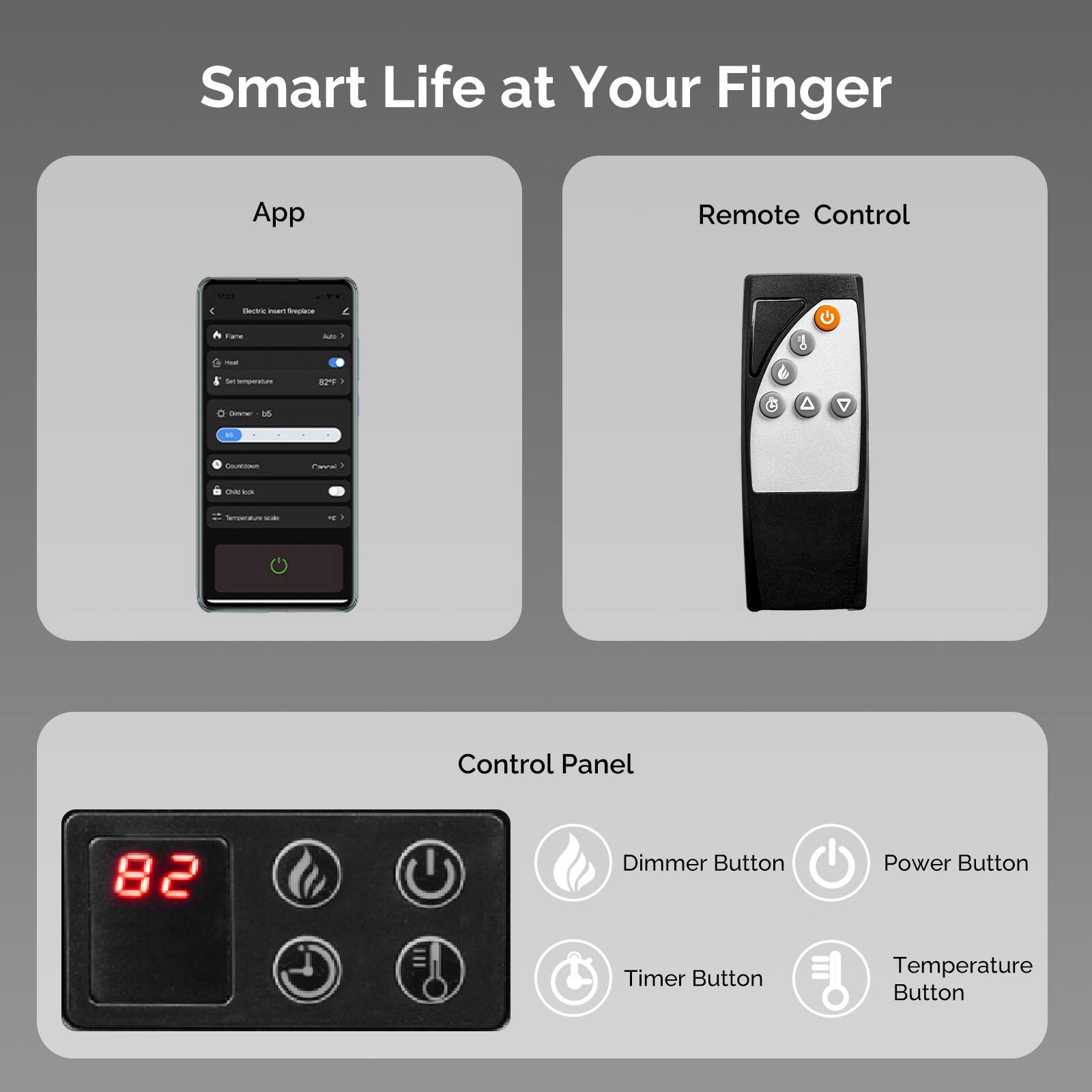 Smart Life at Your Finger

App

Remote Control

Control Panel

Dimmer Button

Power Button

Timer Button

Temperature Button