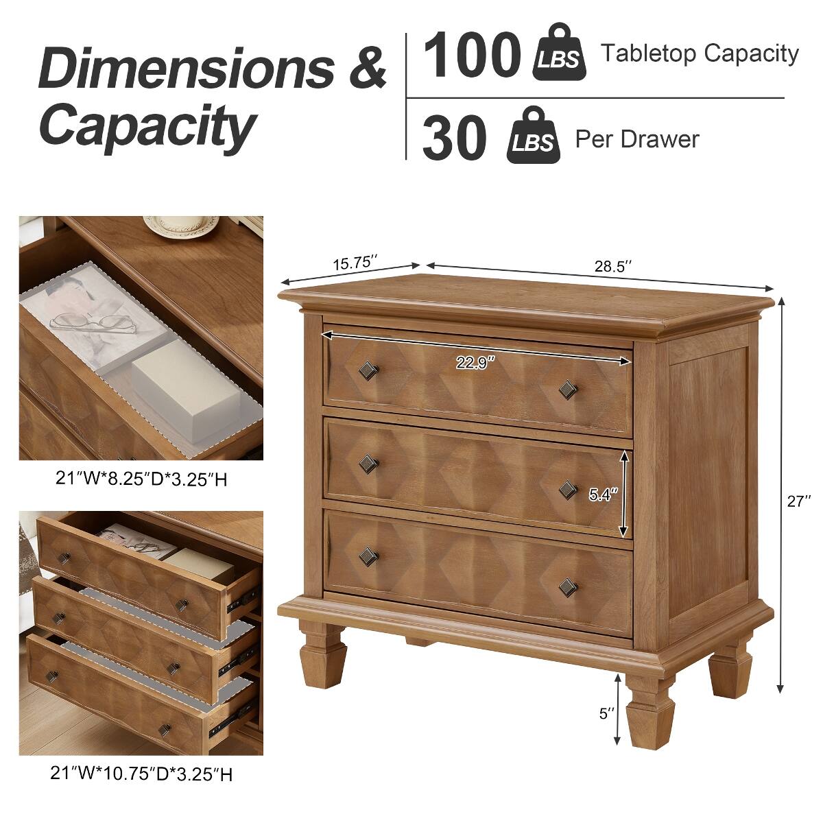 Dimensions & Capacity

100 LBS Tabletop Capacity
30 LBS Per Drawer

15.75"
28.5"
22.9"
21"W*8.25"D*3.25"H
5.4"
27"
21"W*10.75"D*3.25"H